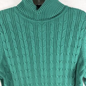 St John’s Bay Sweater Green Cable Knit Turtleneck Cotton blend Fisherman Sz L